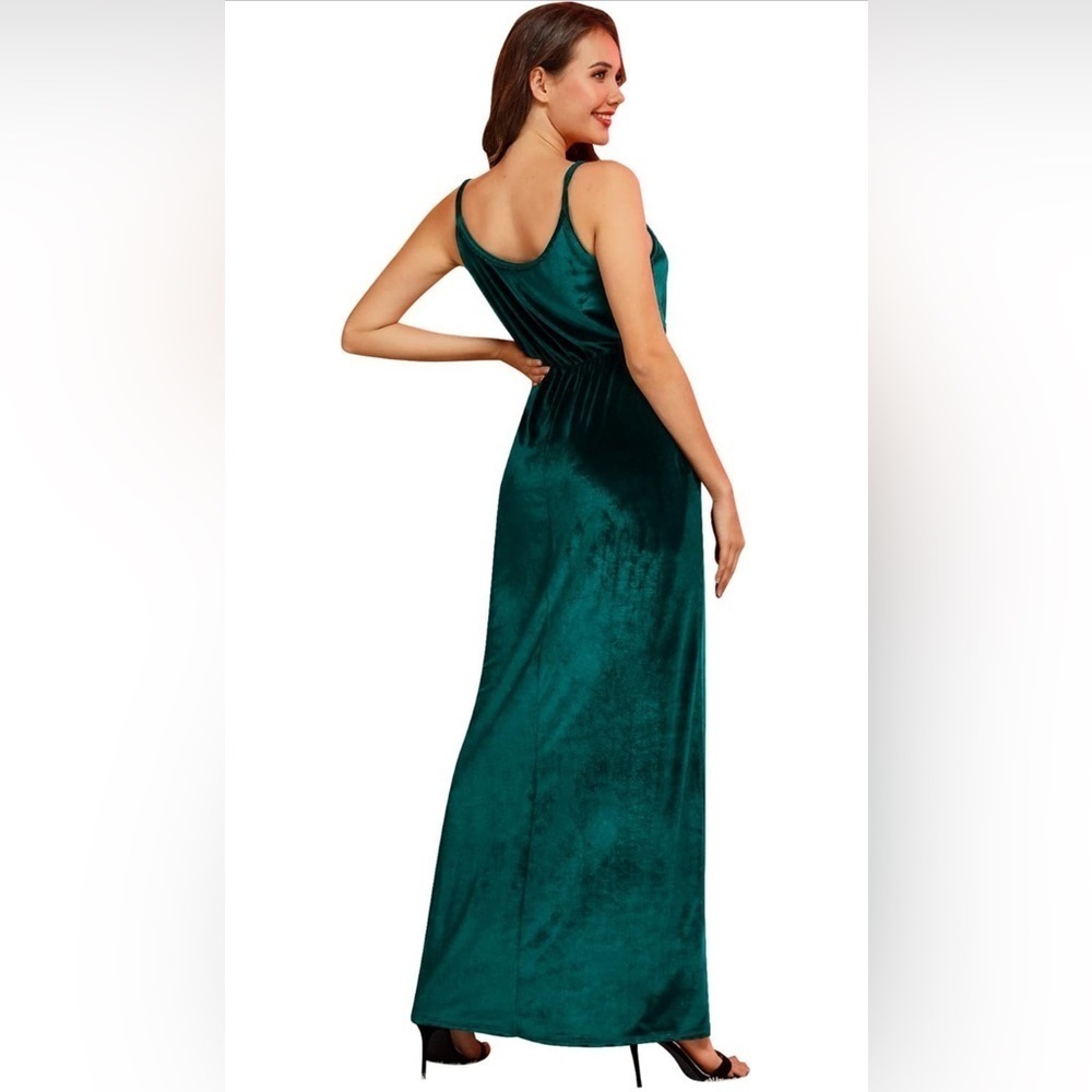 NEW- Womens V Neck Spaghetti Strap Side Split Velvet Maxi Dress - Picture 6 of 10